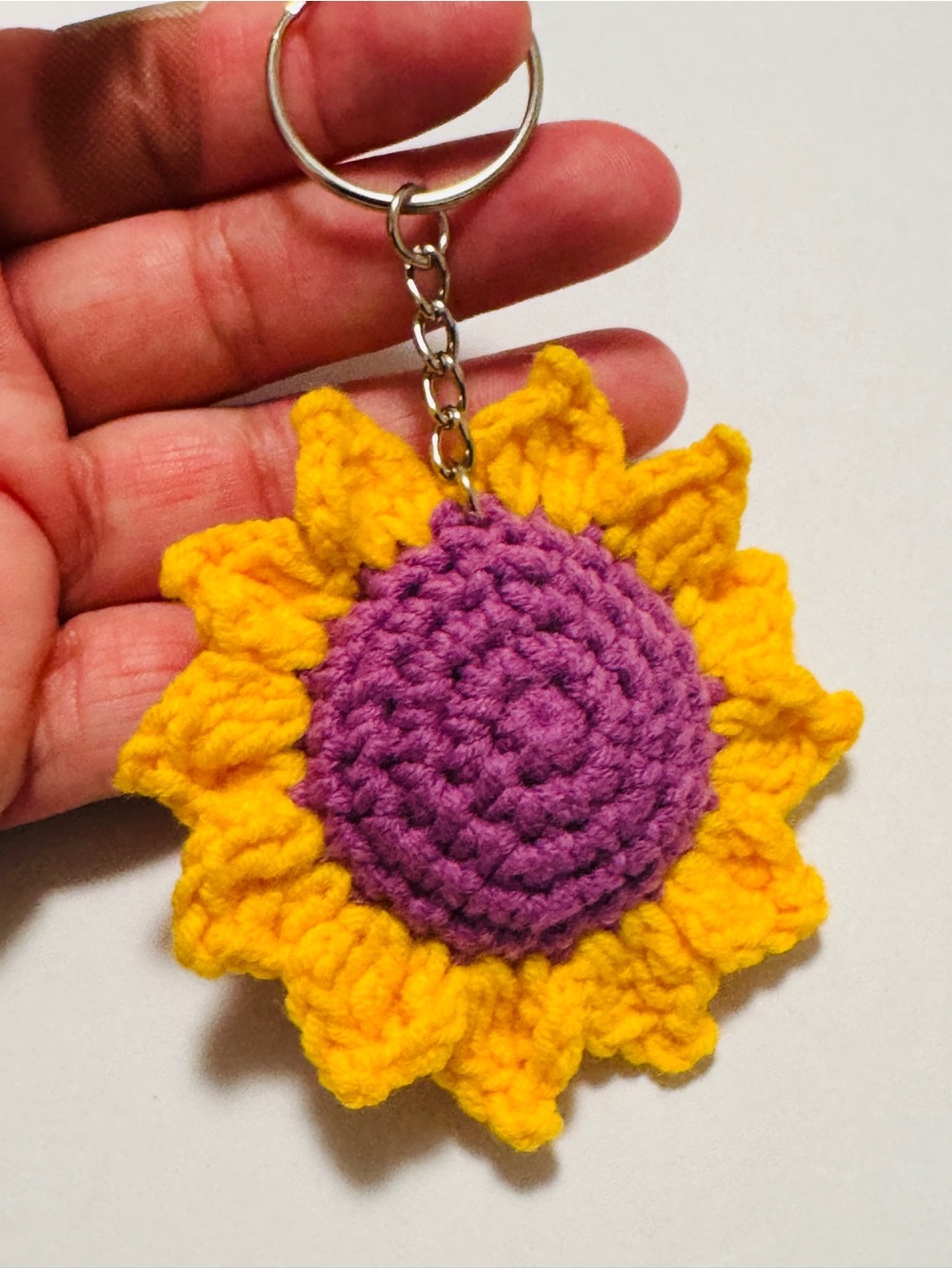 Handmade Yellow Sunflower Keychain with Purple Center - Picture 3 of 7